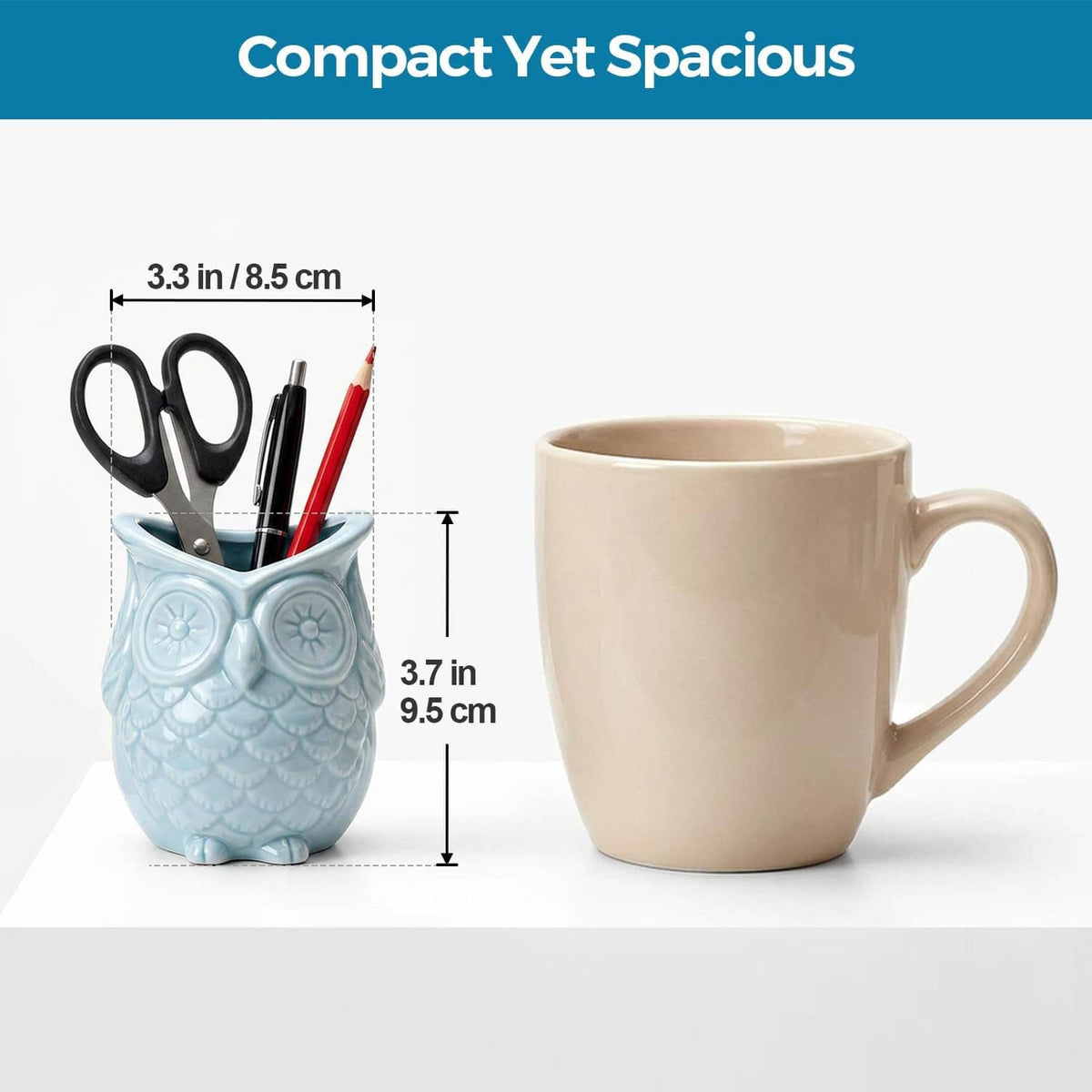 Light blue ceramic owl pen holder with scissors and pencils, compact standing cup