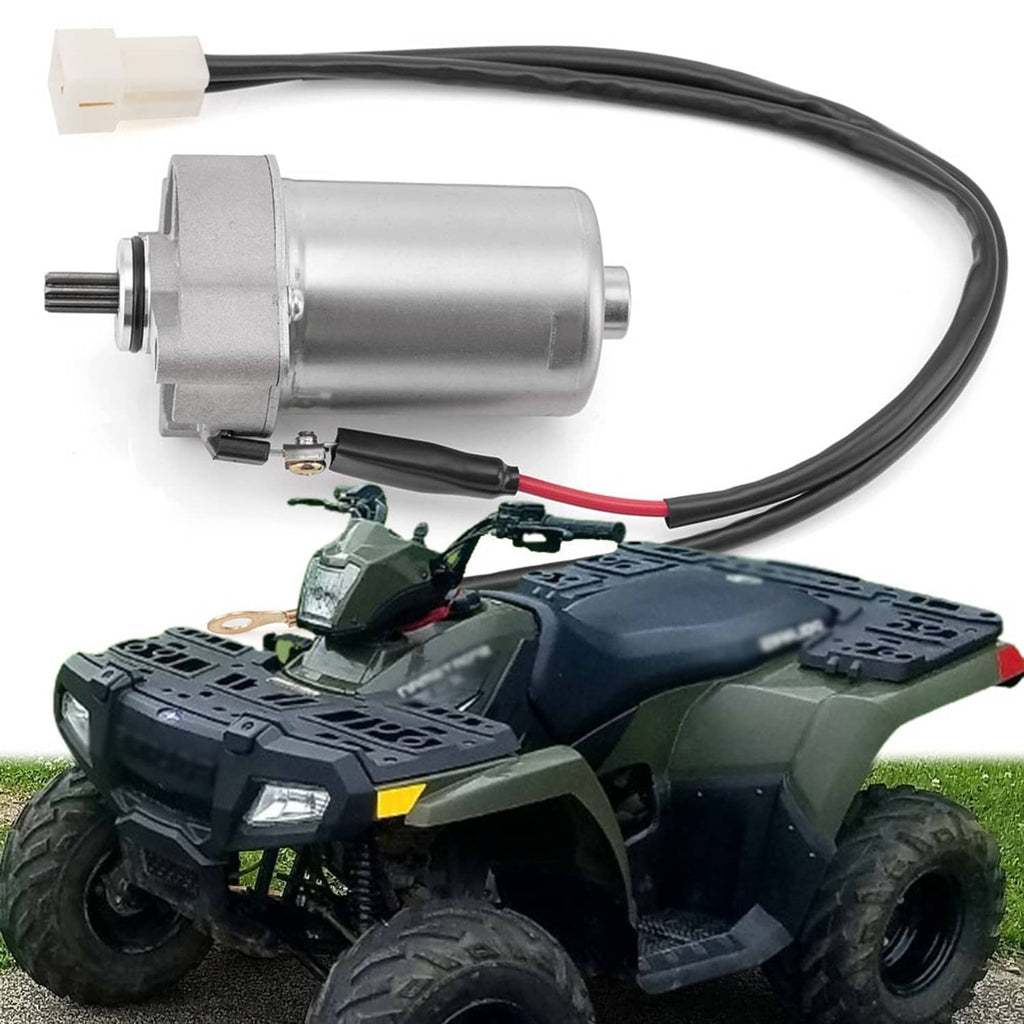 Starter motor assembly with silver motor and black cable with red wire section