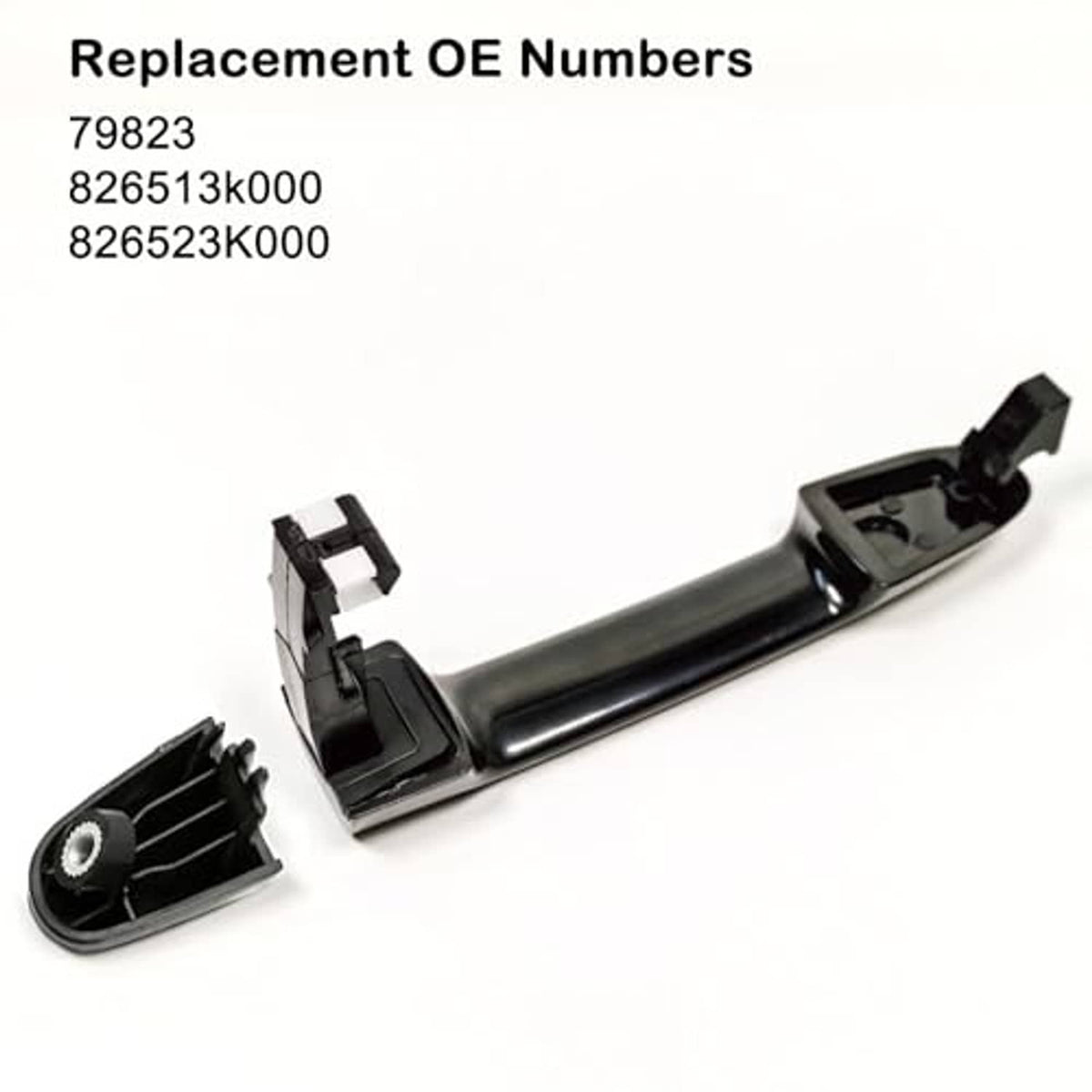 Exterior door handle base with mounting clip, dark black plastic.