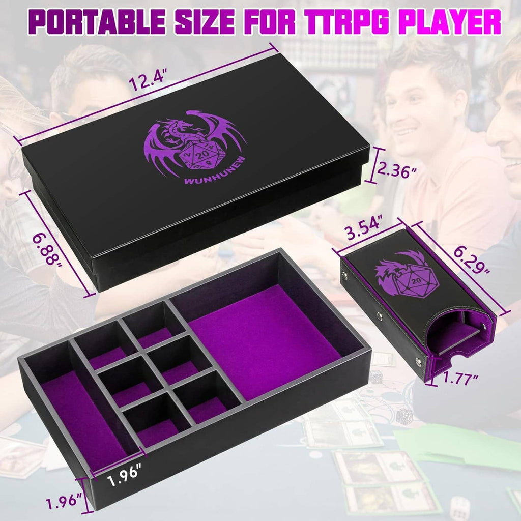 Portable dice tray and tower storage box with black lid and purple interior insert