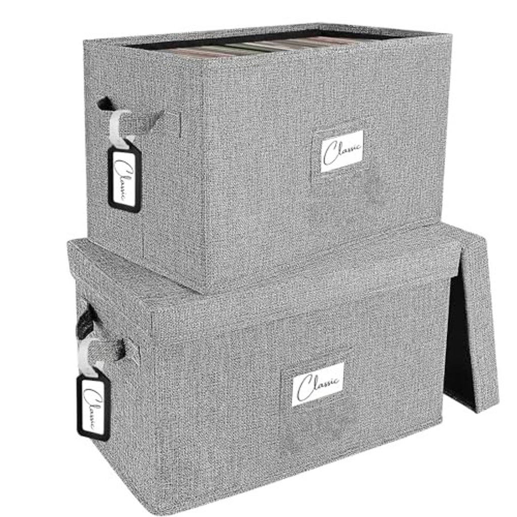 Grey fabric vinyl record storage boxes, stacked pair, with side carry grips