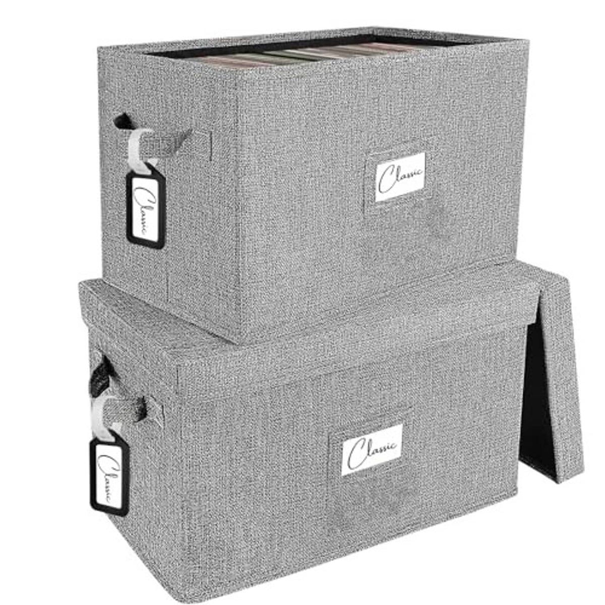 Grey fabric vinyl record storage boxes, stacked pair, with side carry grips