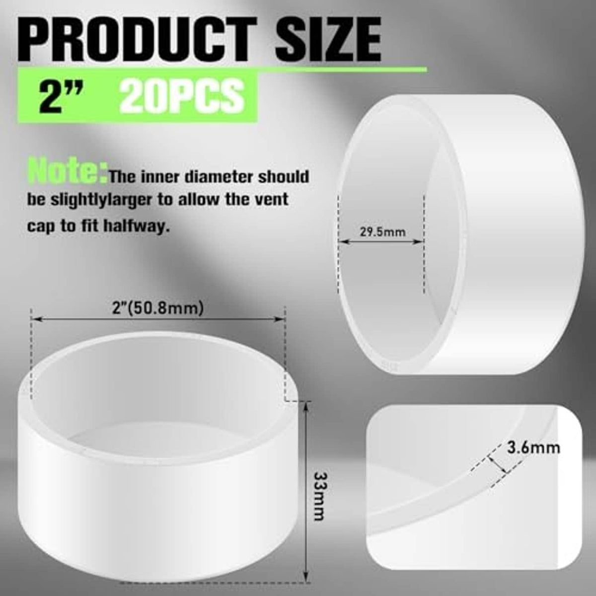 White PVC pipe end cap with circular opening, shown from side and front