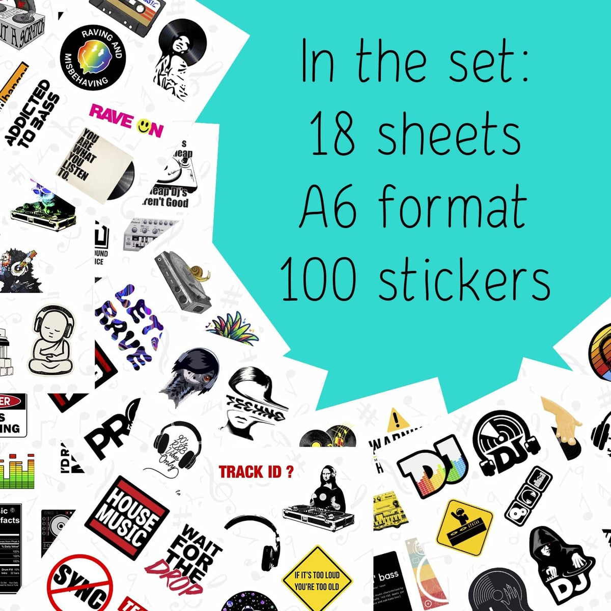 DJ sticker set display with 100 stickers and colorful DJ-themed icons and typography