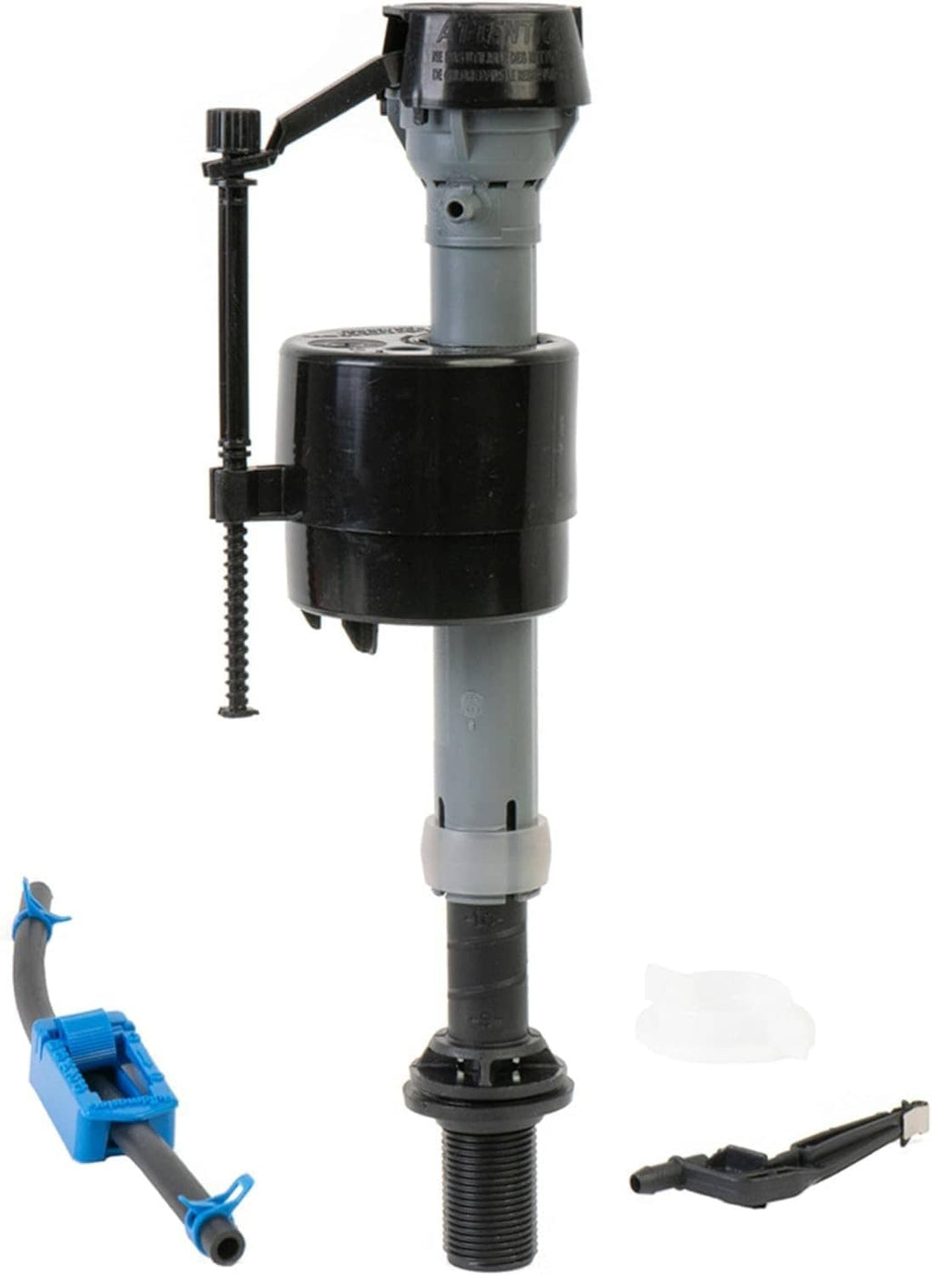 Fluidmaster universal toilet filling valve with handle, blue hose clip, and mounting stem