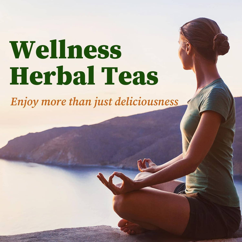 Herbal peppermint tea concept with a person meditating by mountains and water