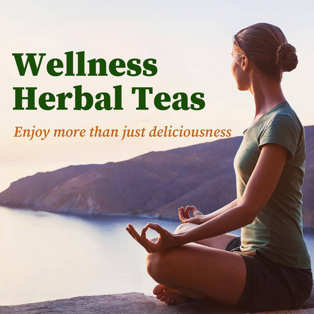 Herbal peppermint tea concept with a person meditating by mountains and water