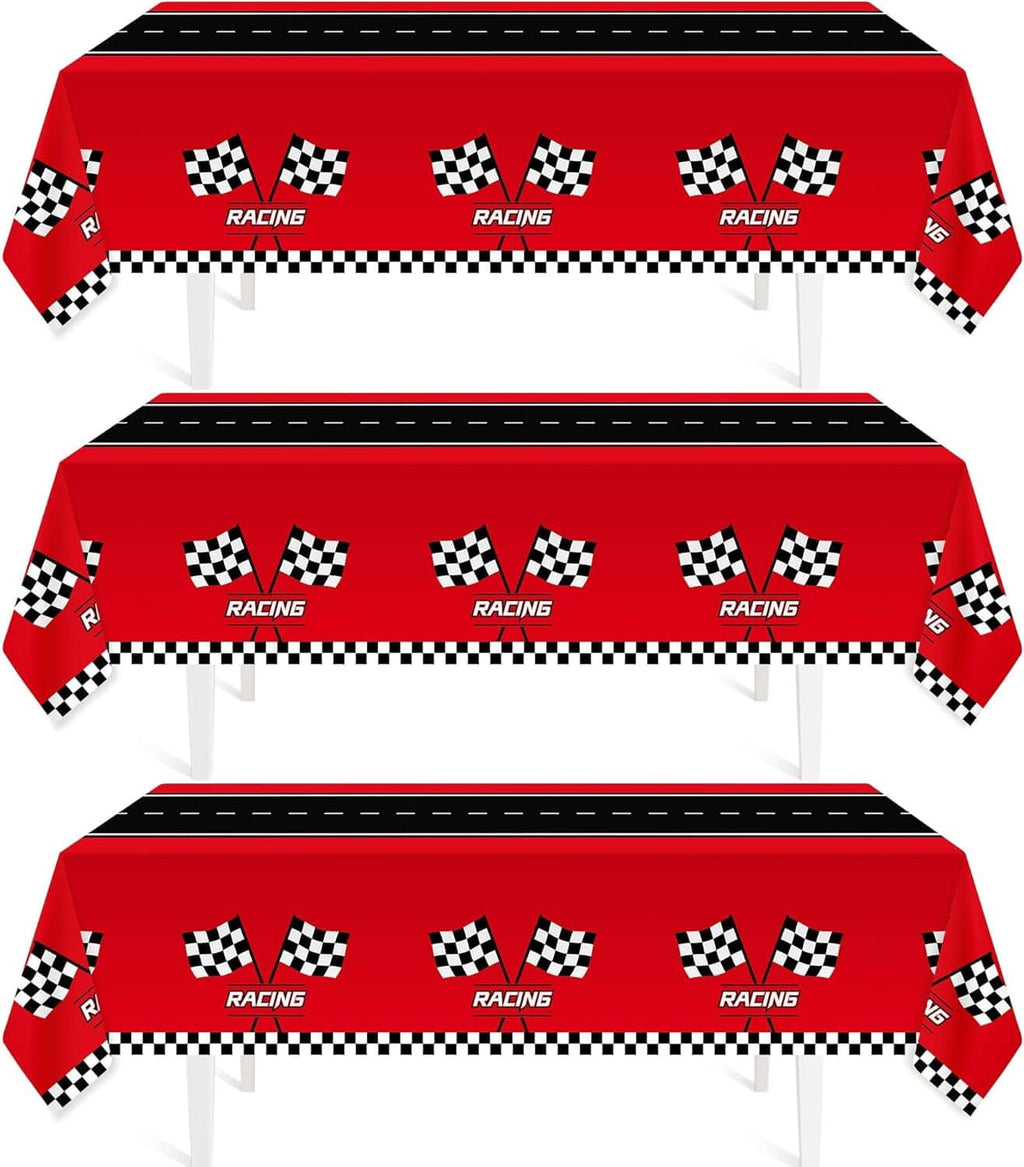 Racing car tablecloth set on tables, red with Racing logos and checkered flags