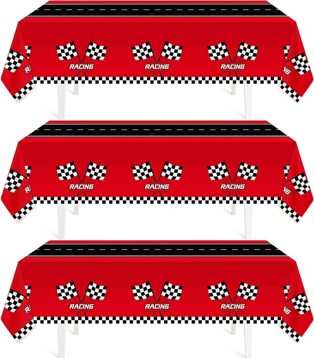 Racing car tablecloth set on tables, red with Racing logos and checkered flags