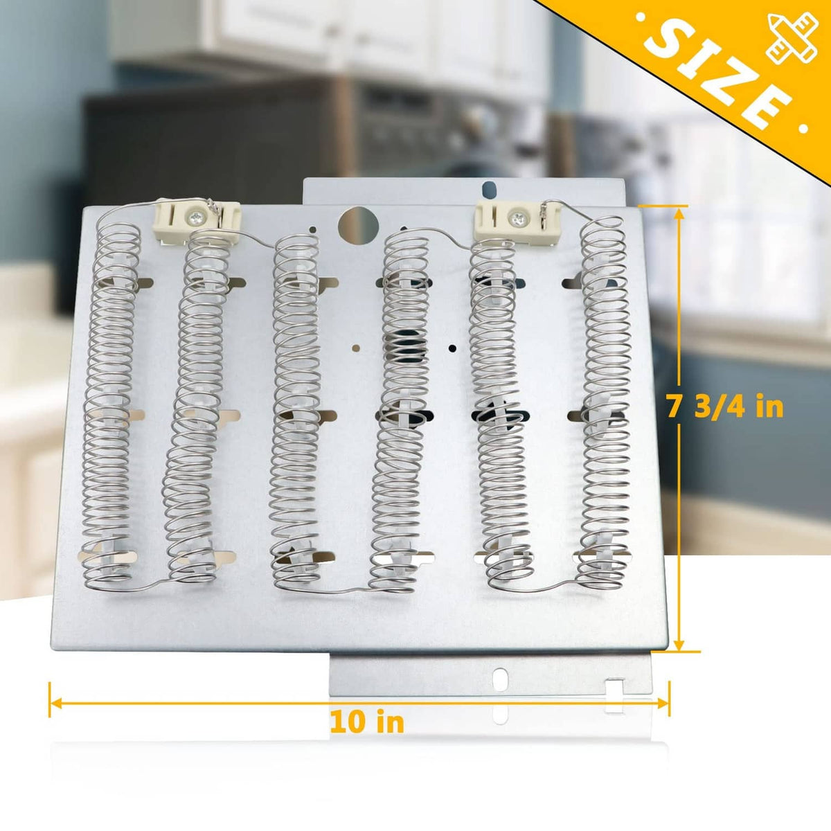 Dryer heating element set with dimension markings on the gray mounting plate