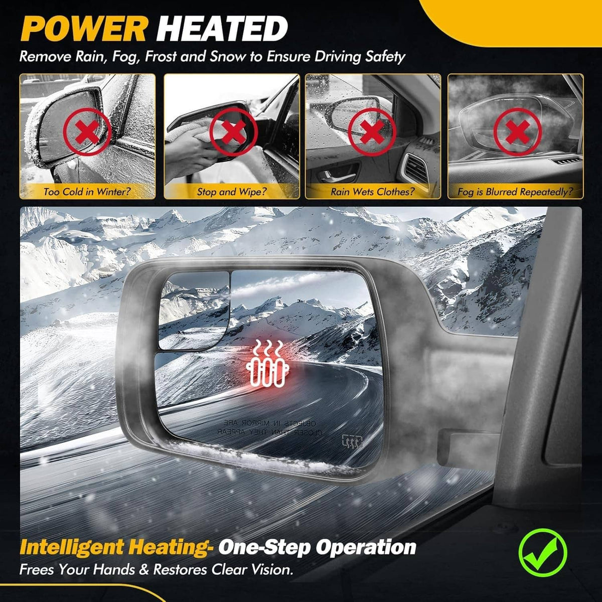 Heated driver side mirror with built-in defrost heating grid, black housing