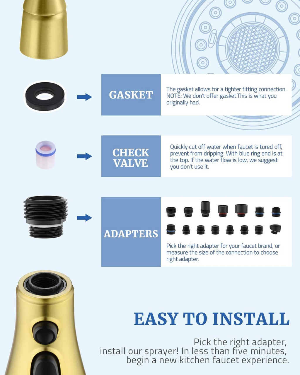 Brushed gold sprayer head with gasket, check valve, and adapter components shown