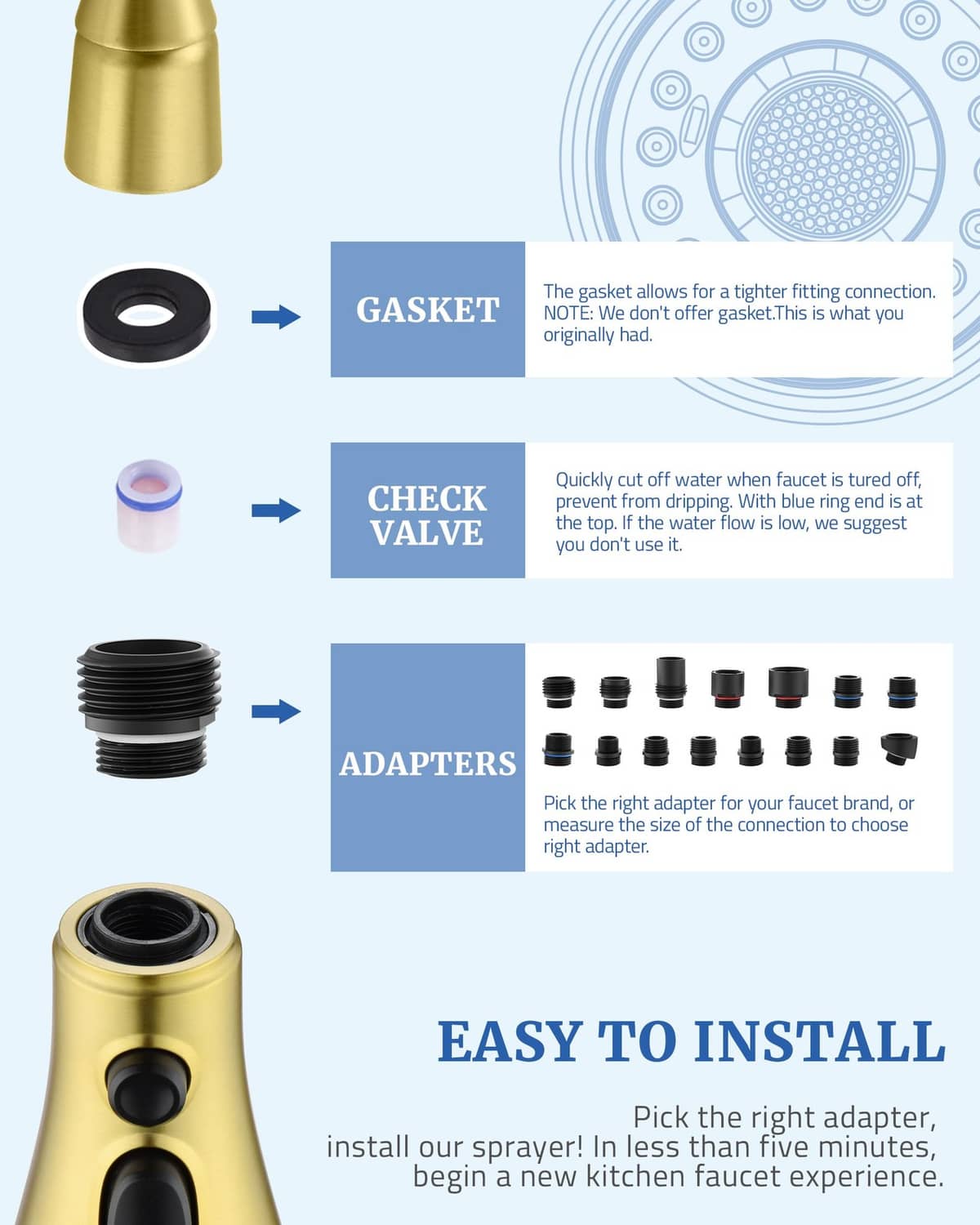 Brushed gold sprayer head with gasket, check valve, and adapter components shown