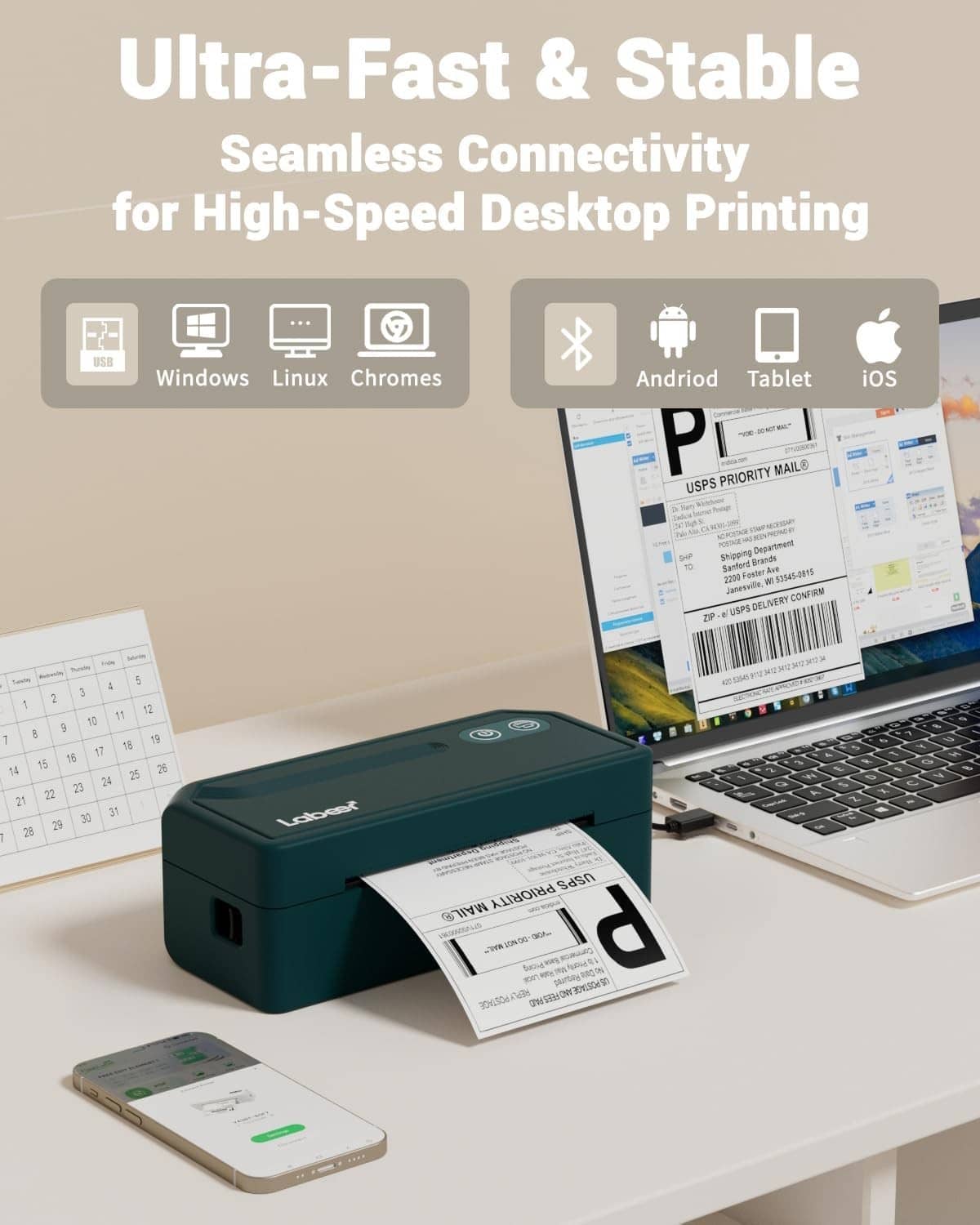 Green wireless thermal label printer on desk next to smartphone showing label app
