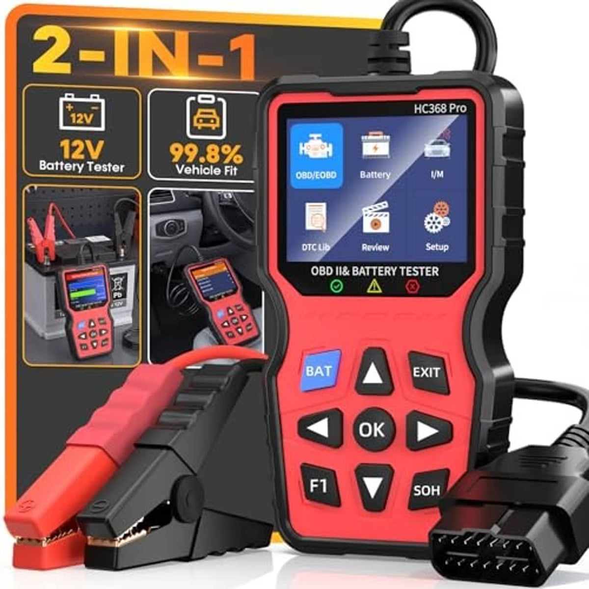 Handheld 2-in-1 OBD2 scanner and battery tester with screen, red/black casing and OBD plug