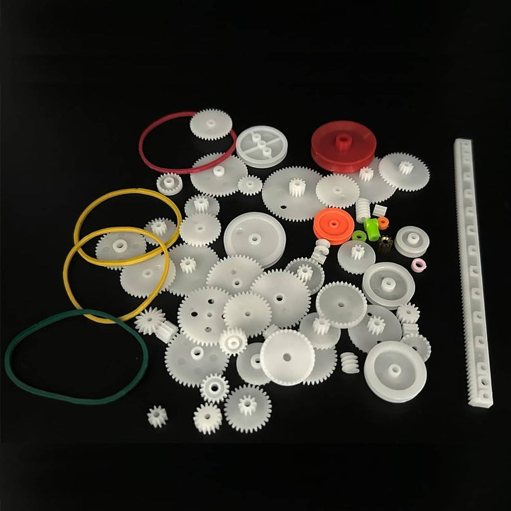 Plastic gear and pulley kit with white gears, colored belts, and long rack bar