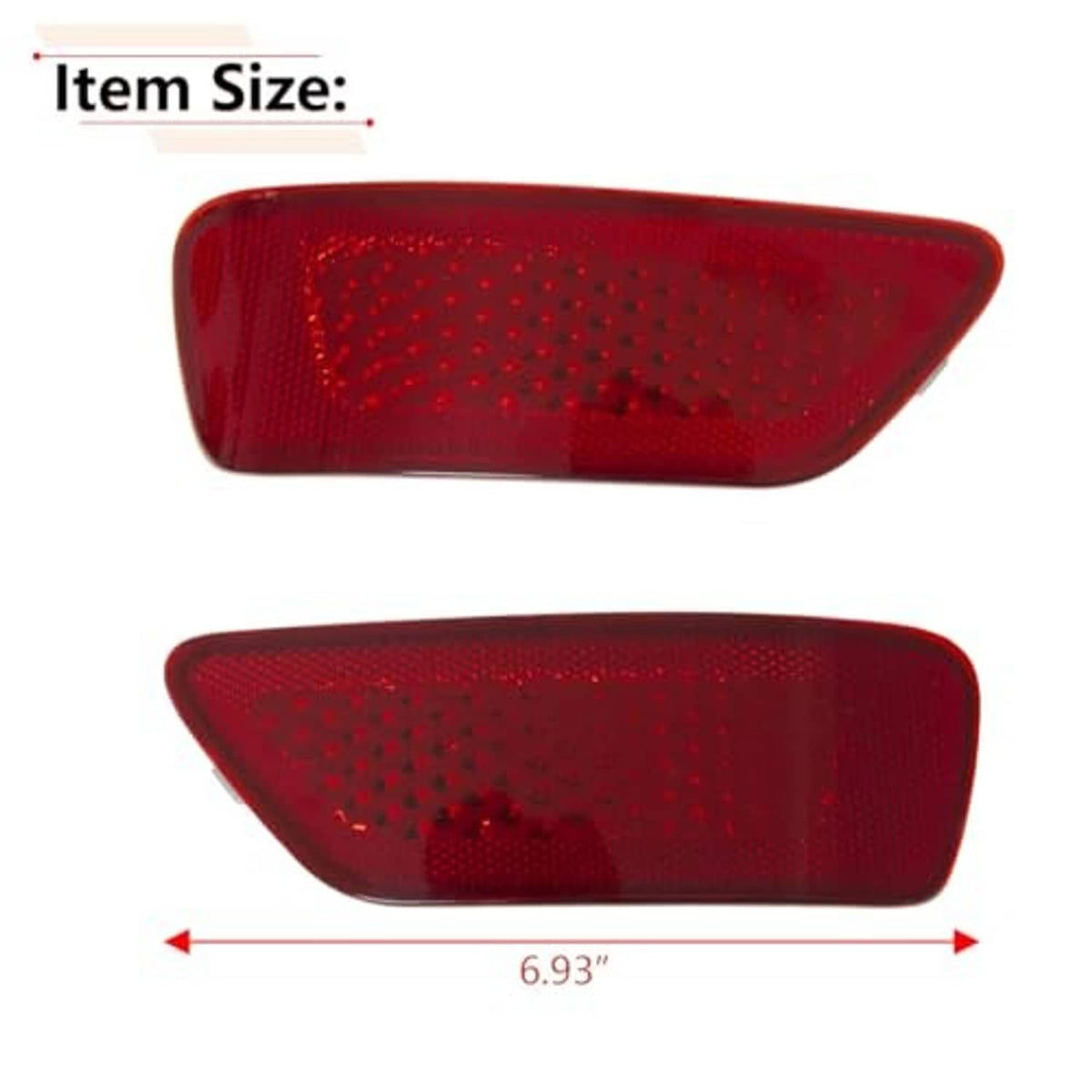 Two red rear bumper reflector lenses with dotted honeycomb pattern