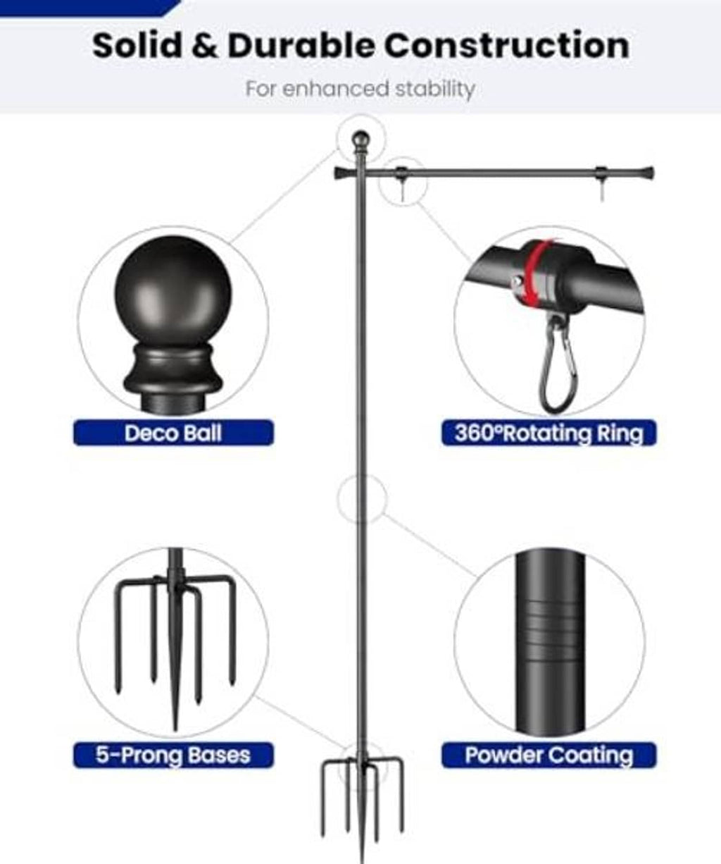 Adjustable flag pole holder with deco finial, 360° rotating ring, and 5-prong bases