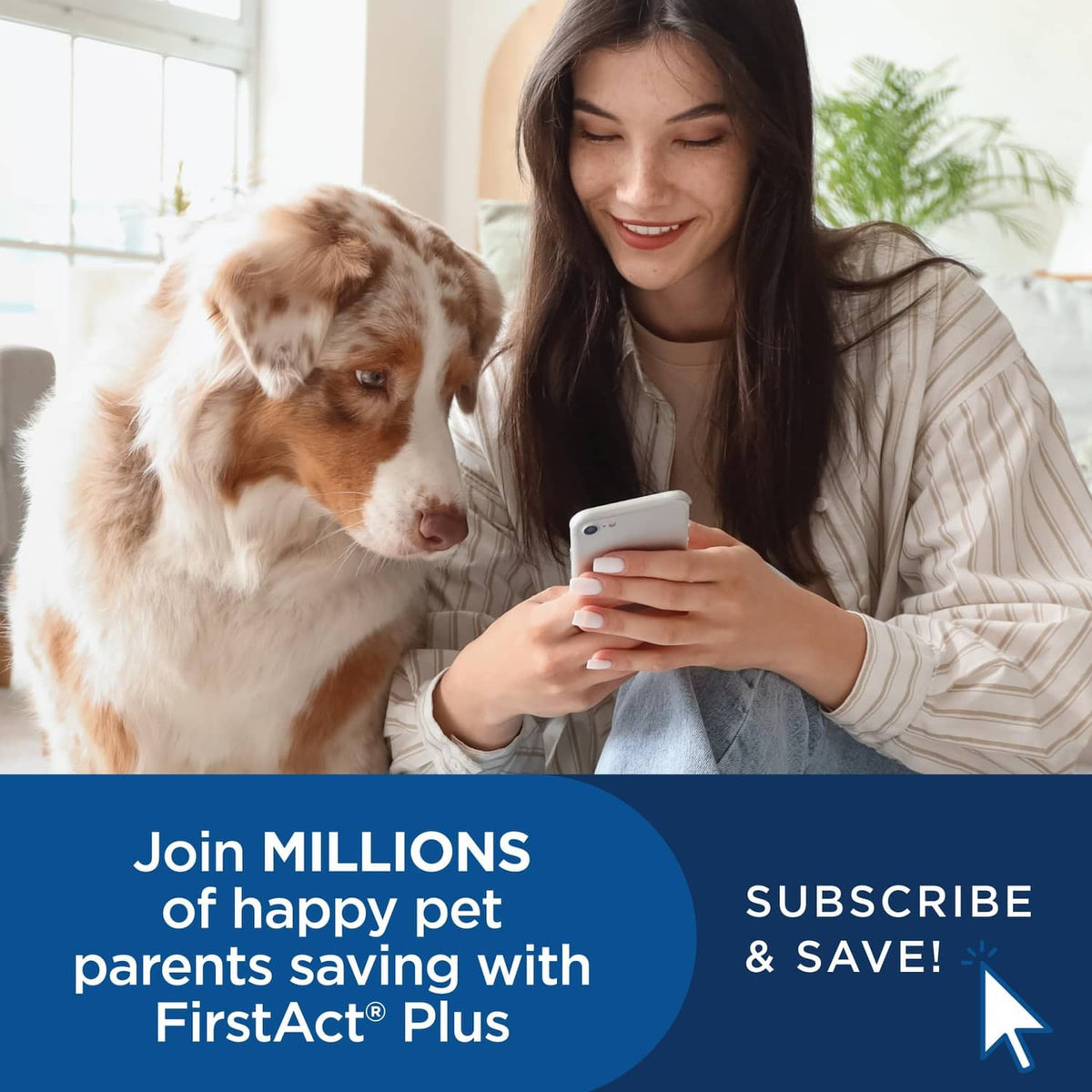 Woman holding a dog while using a phone, with FirstAct Plus subscribe banner