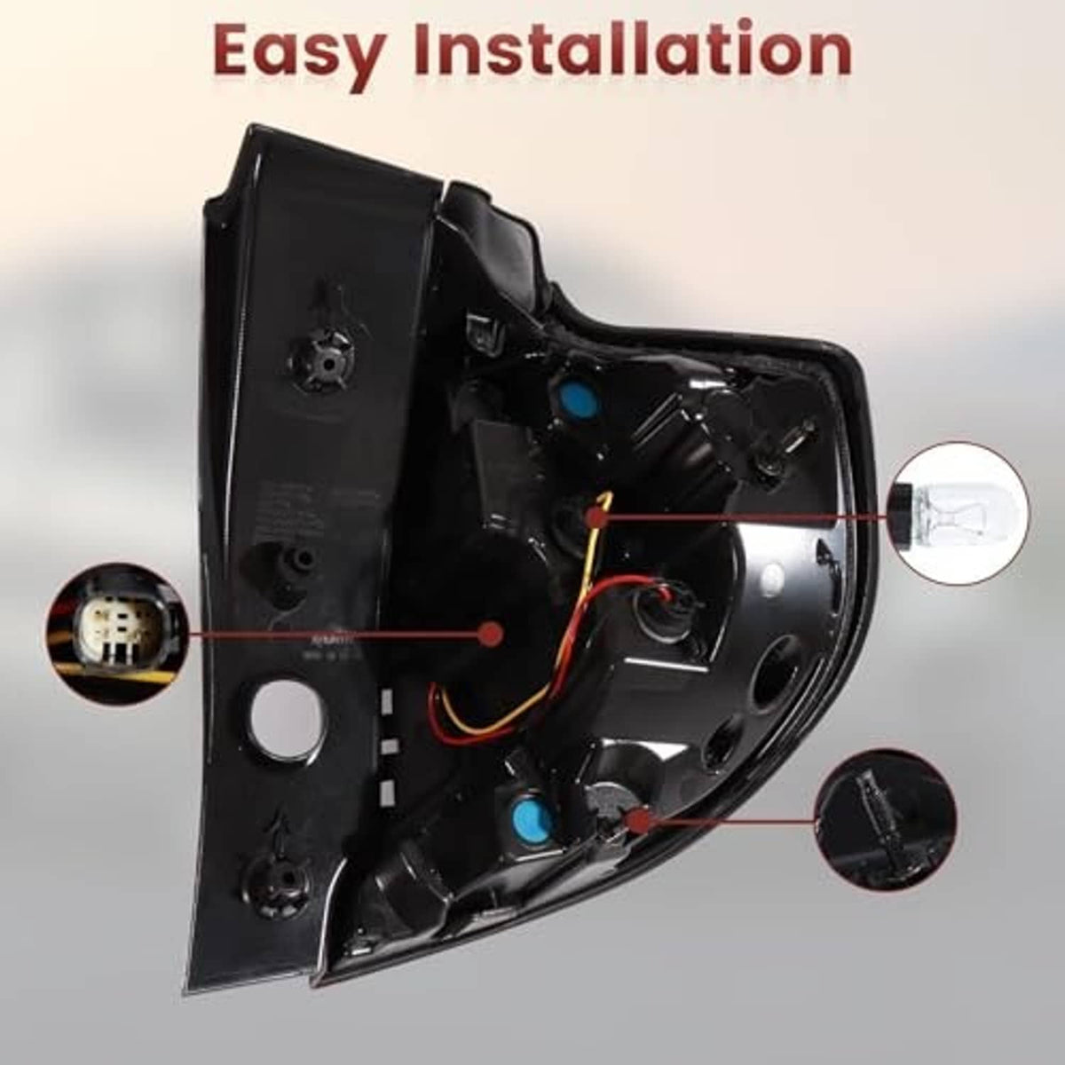 Tail light assembly housing with internal components and wiring, black outer shell