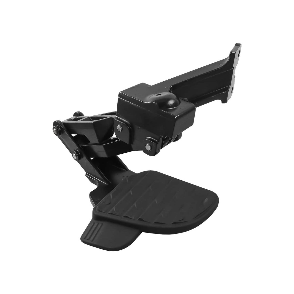 Retractable side bed step with extended textured foot pad, black bracket hardware