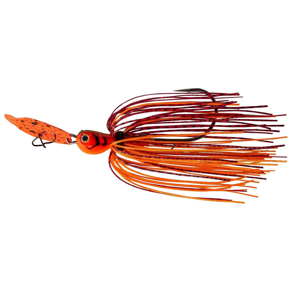 Orange fishing lure with long red-and-orange skirt strands and orange head bait