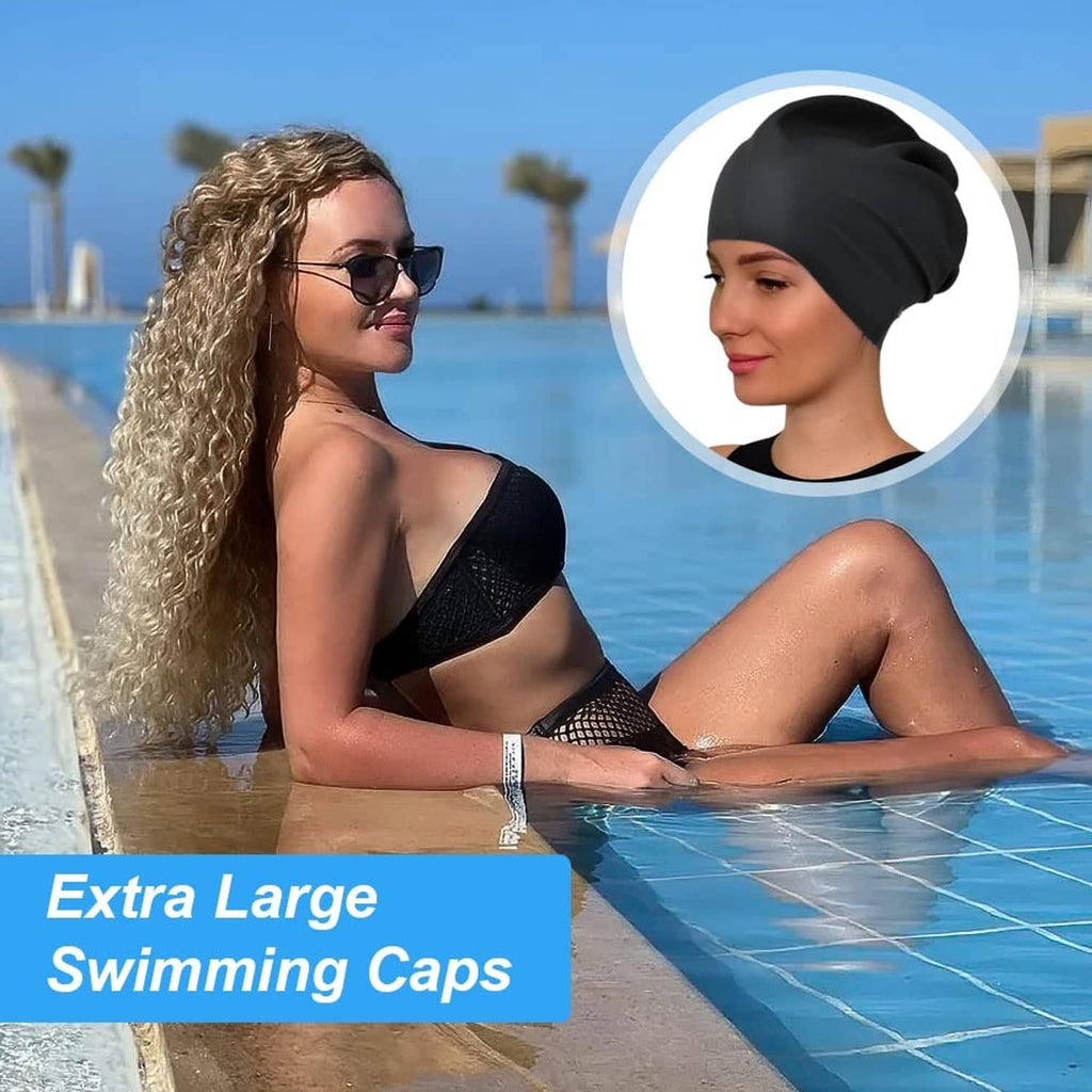 Black extra-large swimming cap on swimmer, fitted dome with soft gathered folds.