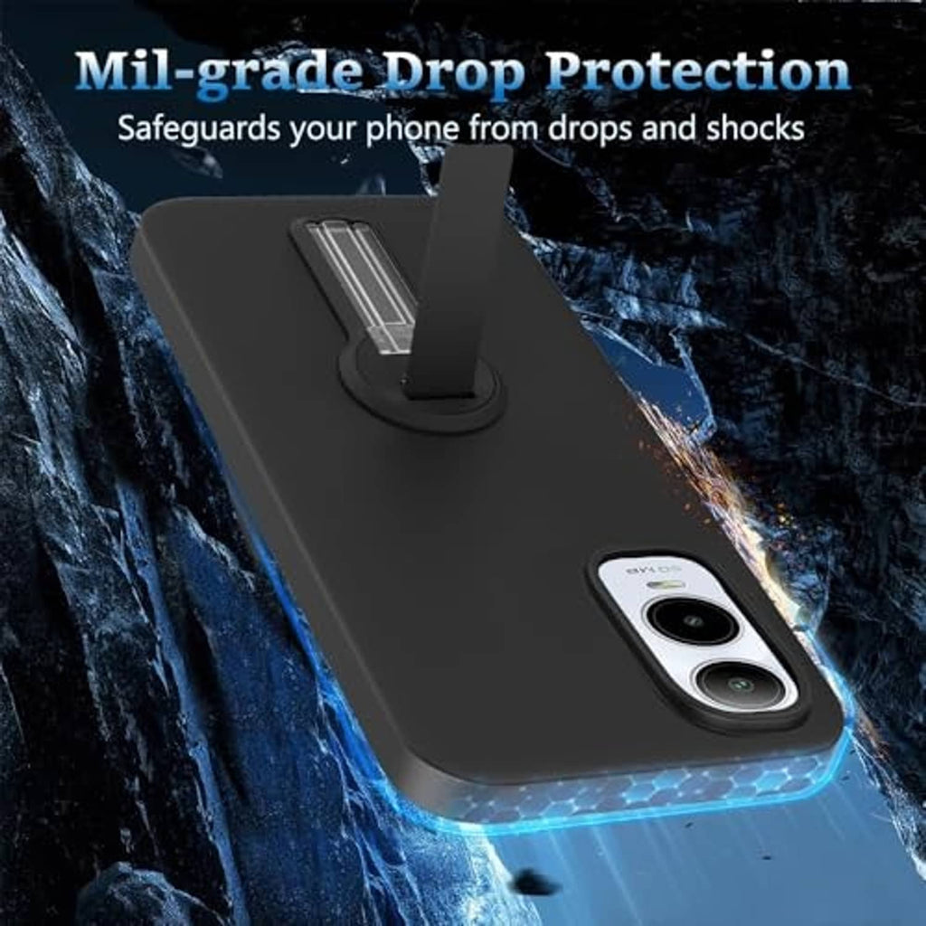Black phone case with kickstand and dual camera guard for drop protection