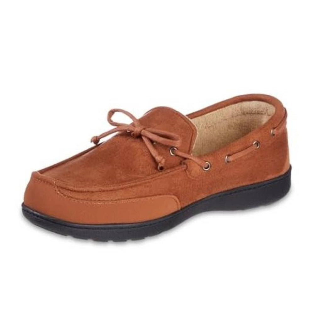 Cognac brown men’s water-repellent boater moccasin clog with tie lace and rubber sole