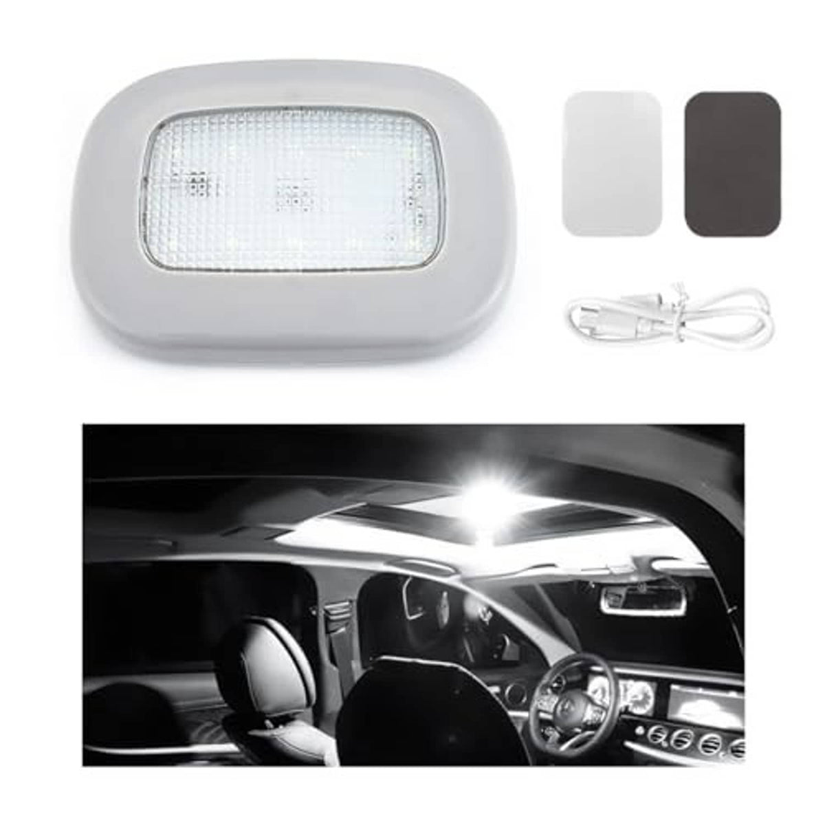 Gray dome roof light with rectangular LED panel and included USB charging cable