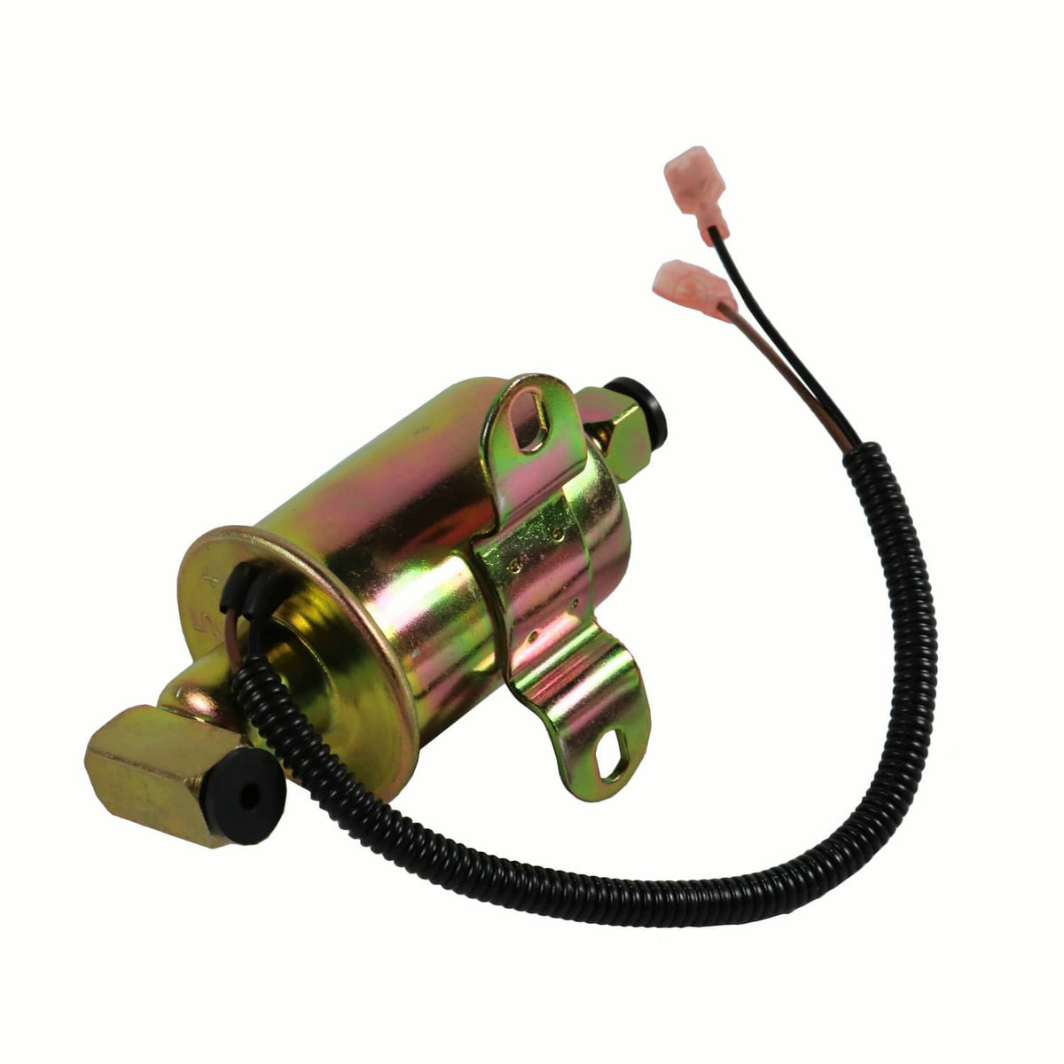 Electric fuel pump with outlet fitting and attached black cable with small connectors