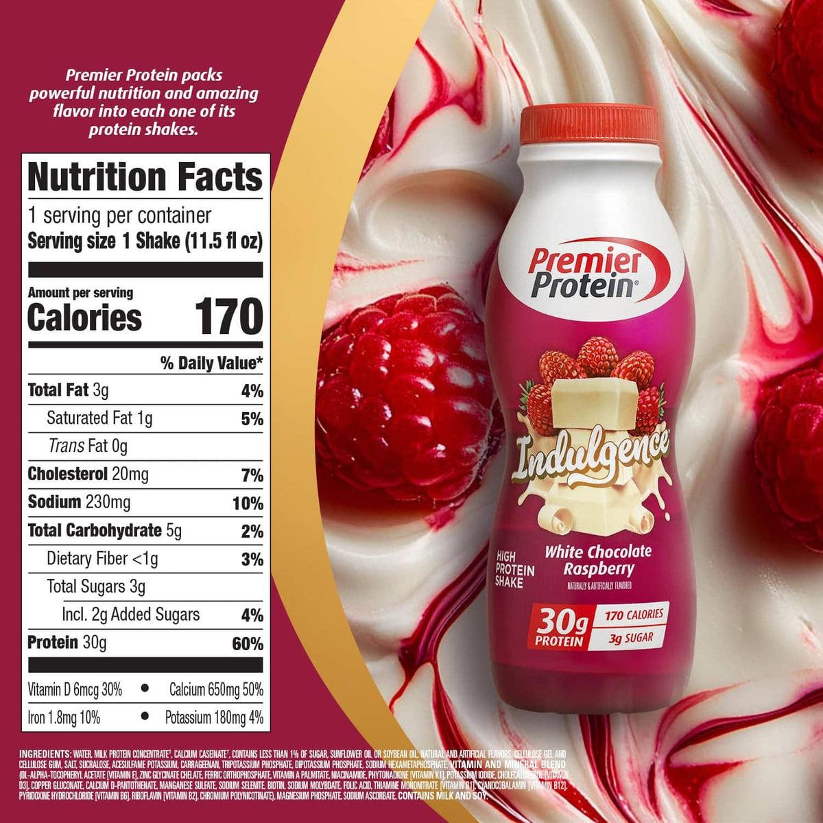 Premier Protein Indulgence bottle with nutrition facts panel for white chocolate raspberry