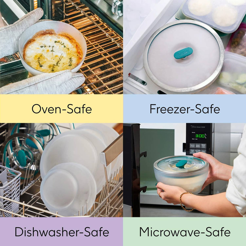 Clear glass storage container with dark green lid in kitchen heating setup