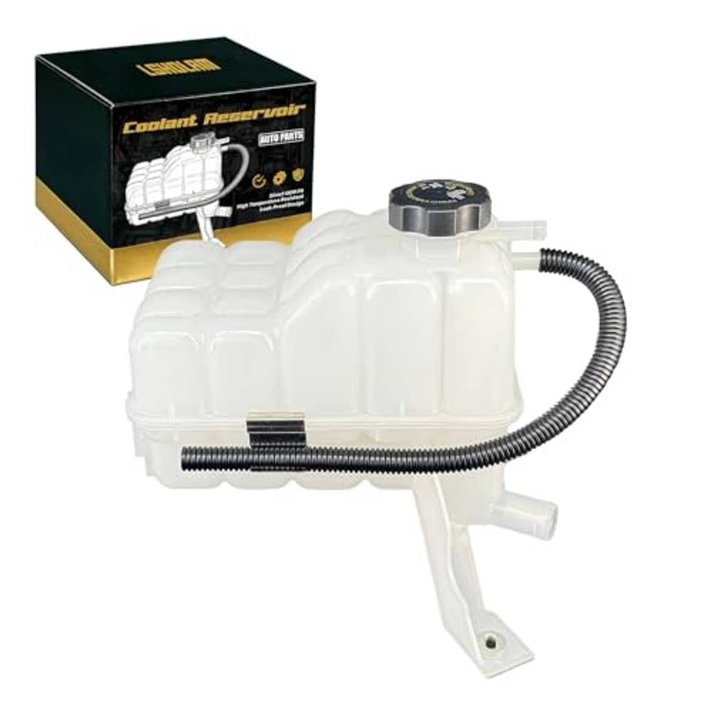 Coolant reservoir tank with sensor and cap, white reservoir with attached black hose