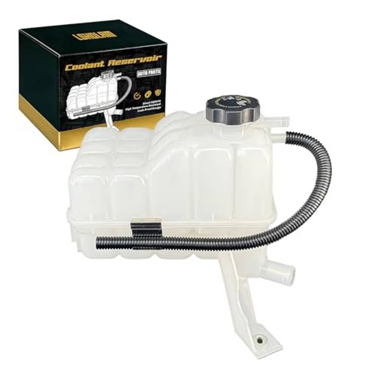 Coolant reservoir tank with sensor and cap, white reservoir with attached black hose