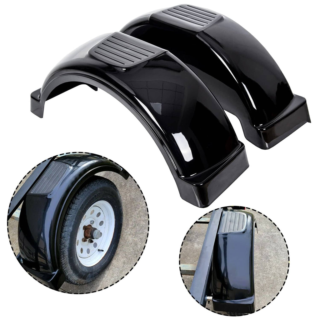 Pair of black trailer fenders with wheels and vented top sections