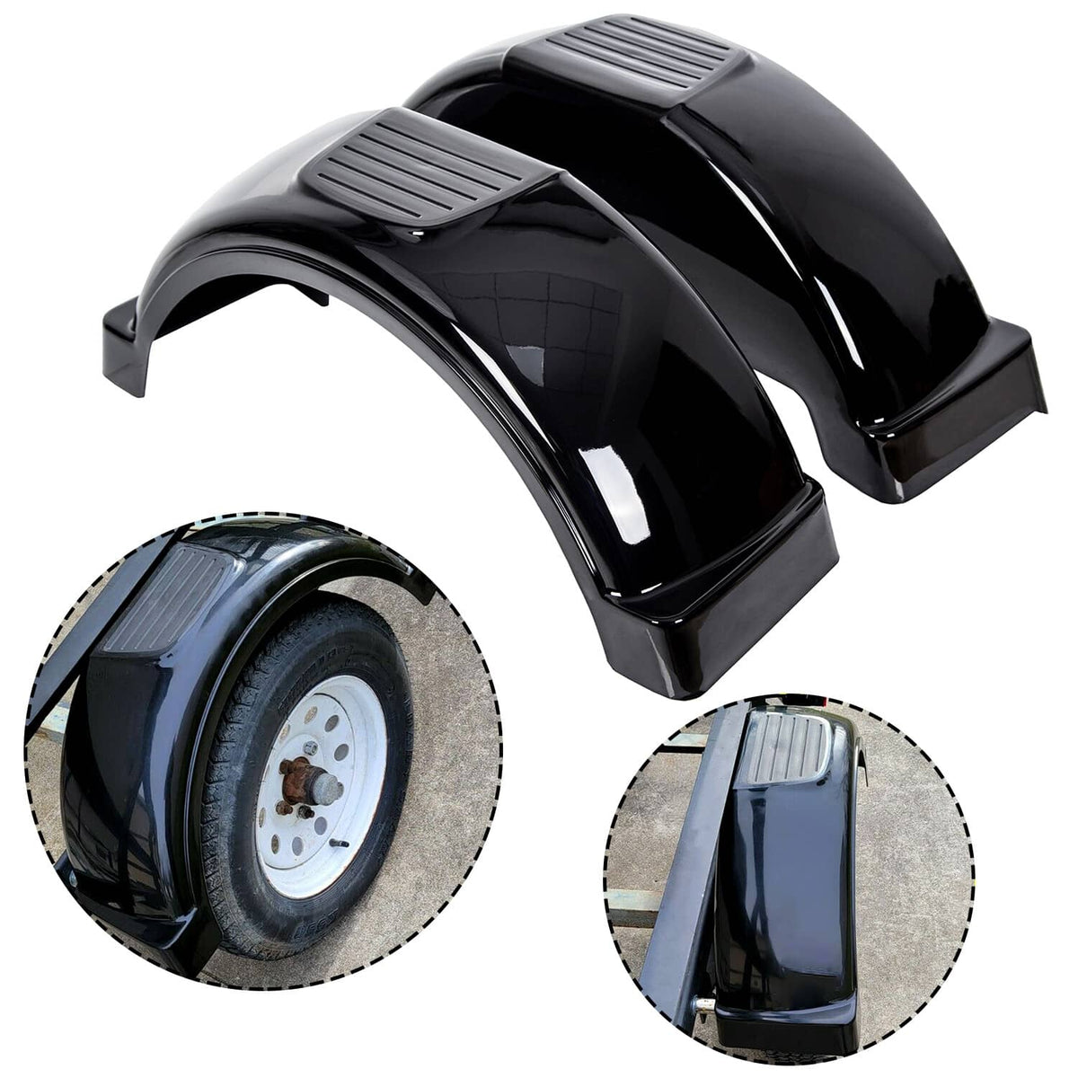 Pair of black trailer fenders with wheels and vented top sections
