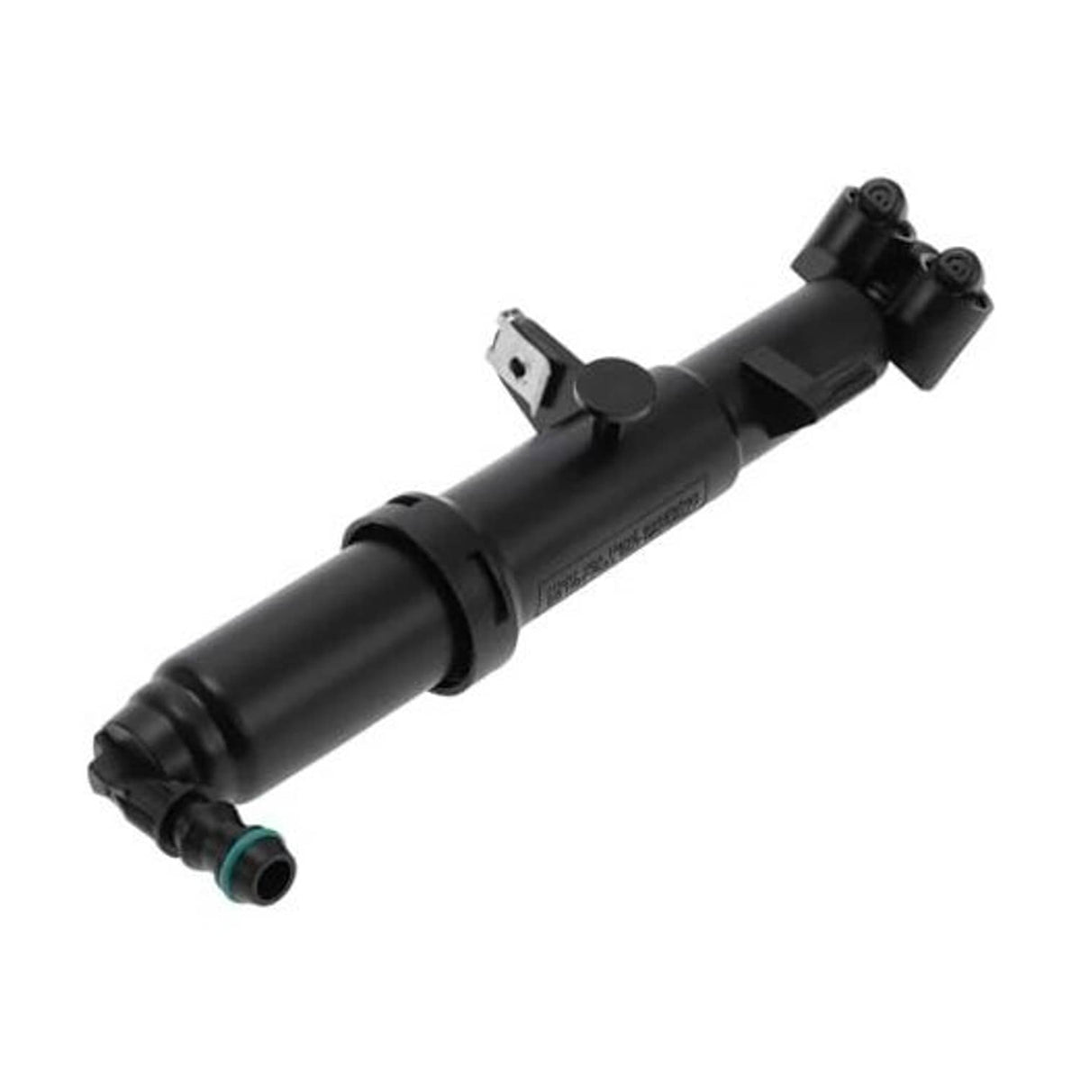 Black headlight washer nozzle jet sprayer with mounting tab and side inlet fitting