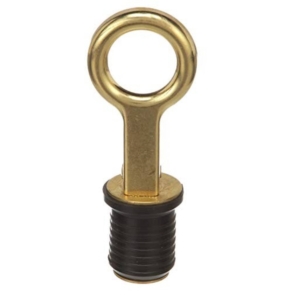 Brass loop handle drain plug with black ribbed rubber stem