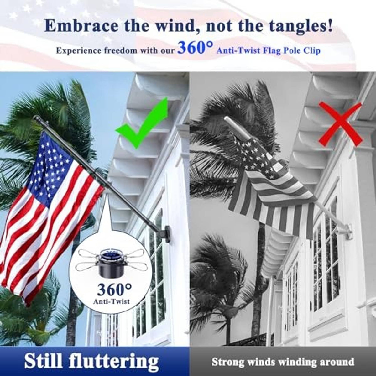 Black flag pole with anti-twist clips and spinning finial next to an American flag