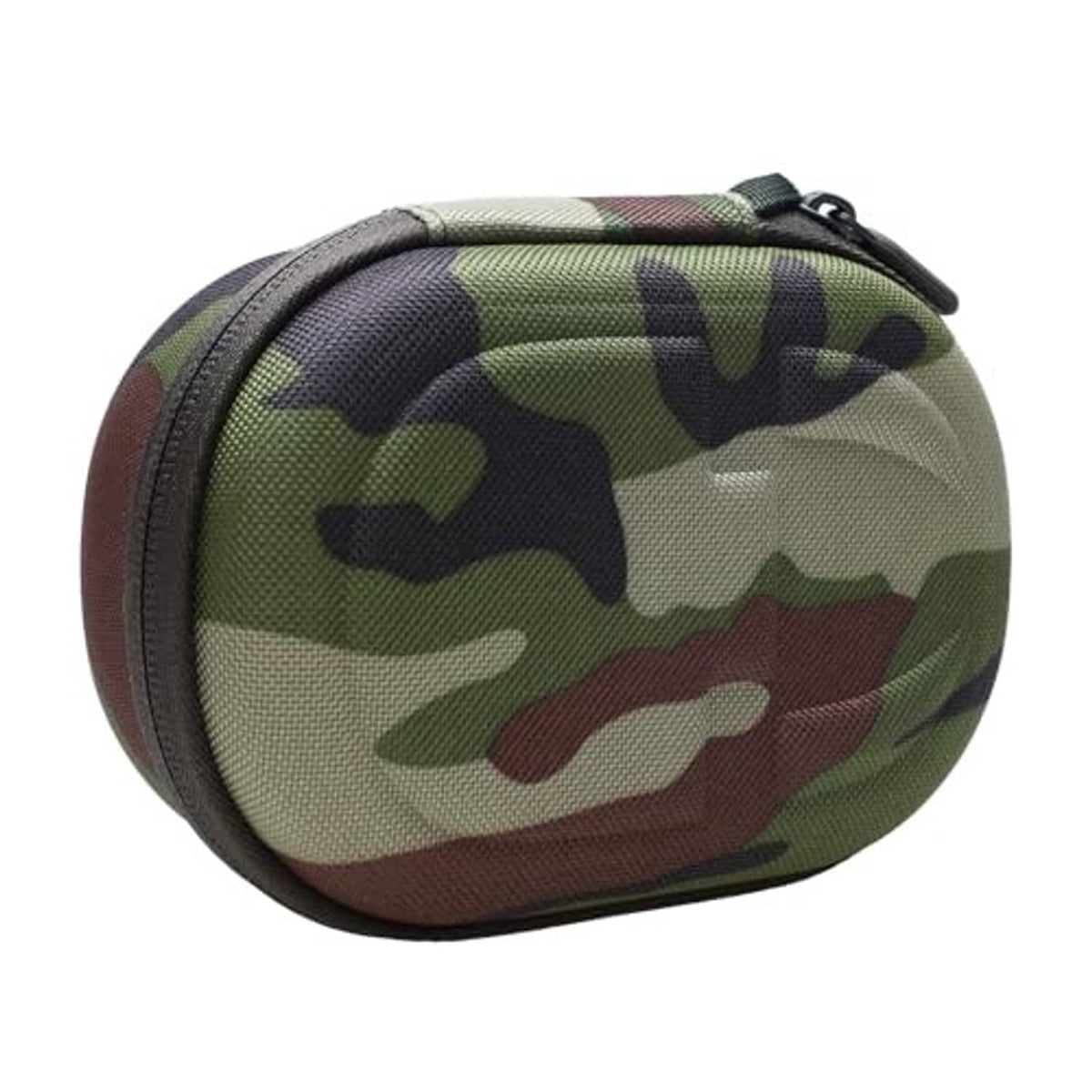 Closed camo zipper speaker case with top carry loop and textured fabric exterior
