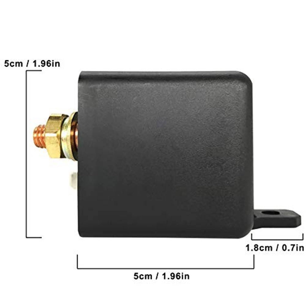 12V 4-pin relay with black body and brass terminals; compact rectangular mounting