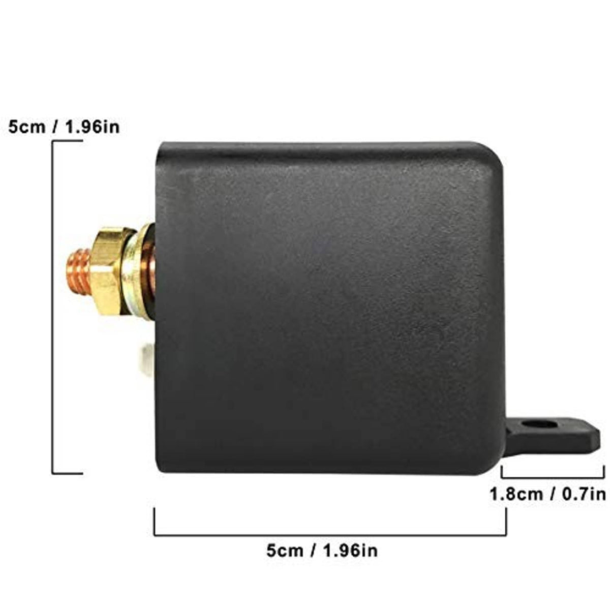 12V 4-pin relay with black body and brass terminals; compact rectangular mounting