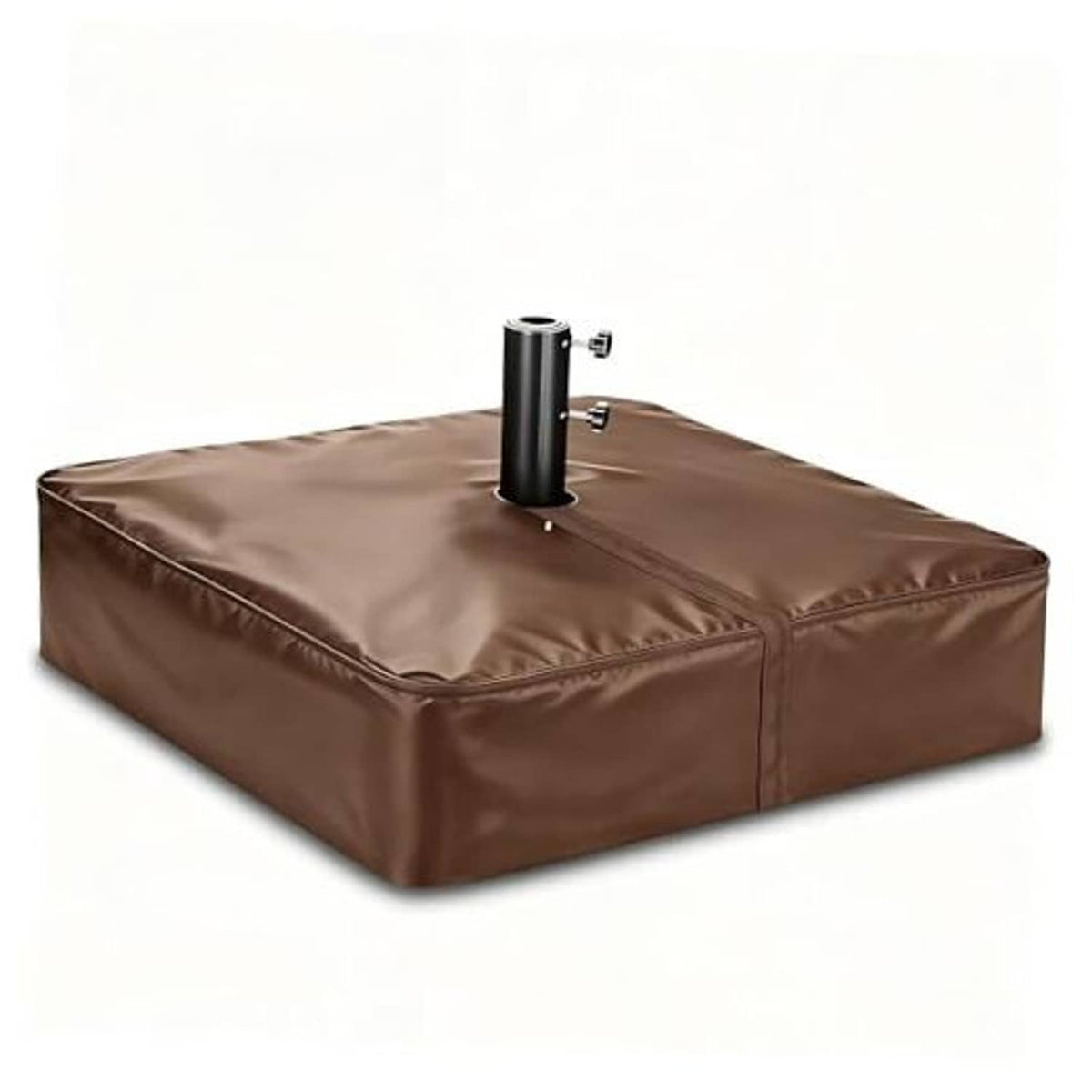 Brown umbrella base cover with center pole opening, padded top and stitched edges