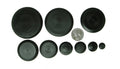 Black flush-mount hole plug assortment, round rubber caps in mixed sizes