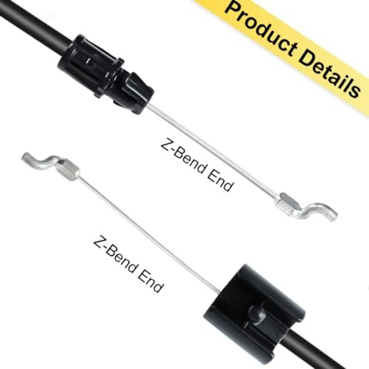 Lawn mower throttle cable kit detail of black cable clamp and two bent wire ends