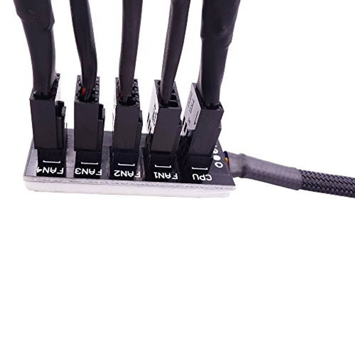 Close-up of 5-way PWM fan splitter PCB with CPU and FAN1–FAN4 4-pin sockets