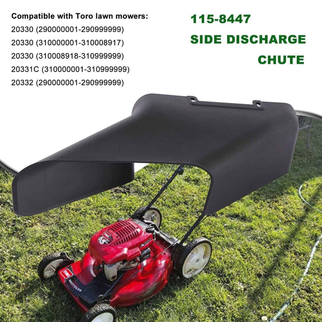 Black side discharge chute attached to a lawn mower