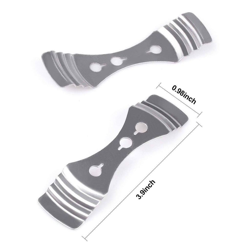 Gray metal candle wick centering clips with cutouts and striped edge, two pieces shown