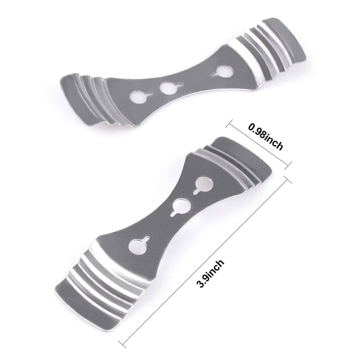 Gray metal candle wick centering clips with cutouts and striped edge, two pieces shown
